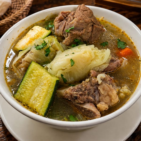 Hearty beef soup with zucchini, cabbage, and herbs in a white bowl.