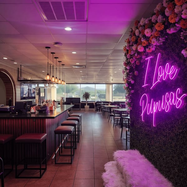 A restaurant interior with a bar, dining tables, and a neon "I Love Pupusas" sign on a floral wall.