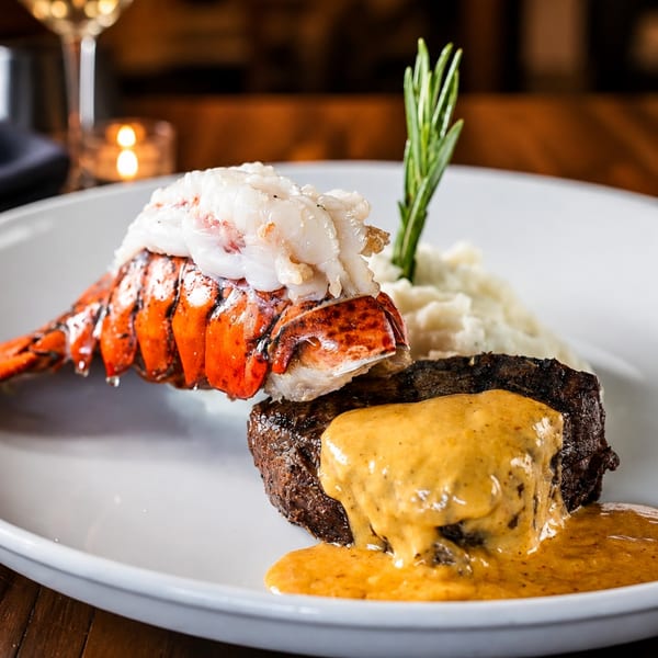 Lobster tail and steak dinner with mashed potatoes, rosemary, and a candlelit background.